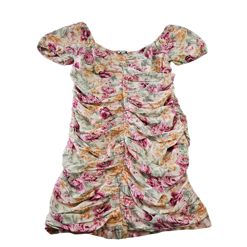 American Eagle Floral Ruched Puff‎ Sleeve Coquette Linen Blend Mini Dress Sz XL